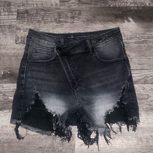 Risen Jeans Black Denim Shorts Women Small Asymmetrical Front Distressed Casual